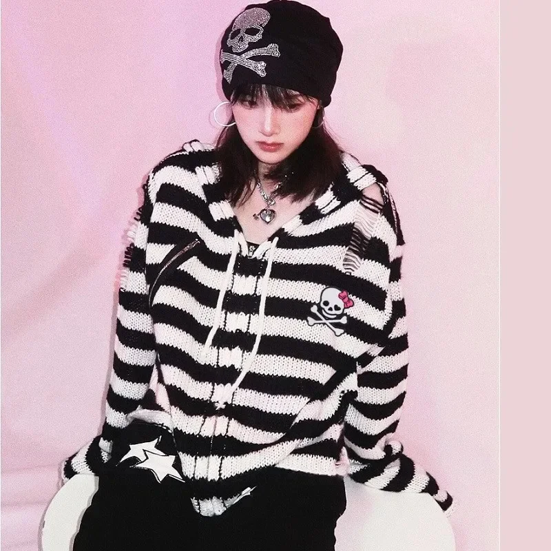 Gothic Skull Pattern Hoodie Striped Knitted Sweater Cardigan Female Harajuku Punk Japanese Korea Striped Zipper Loose Hoodie New