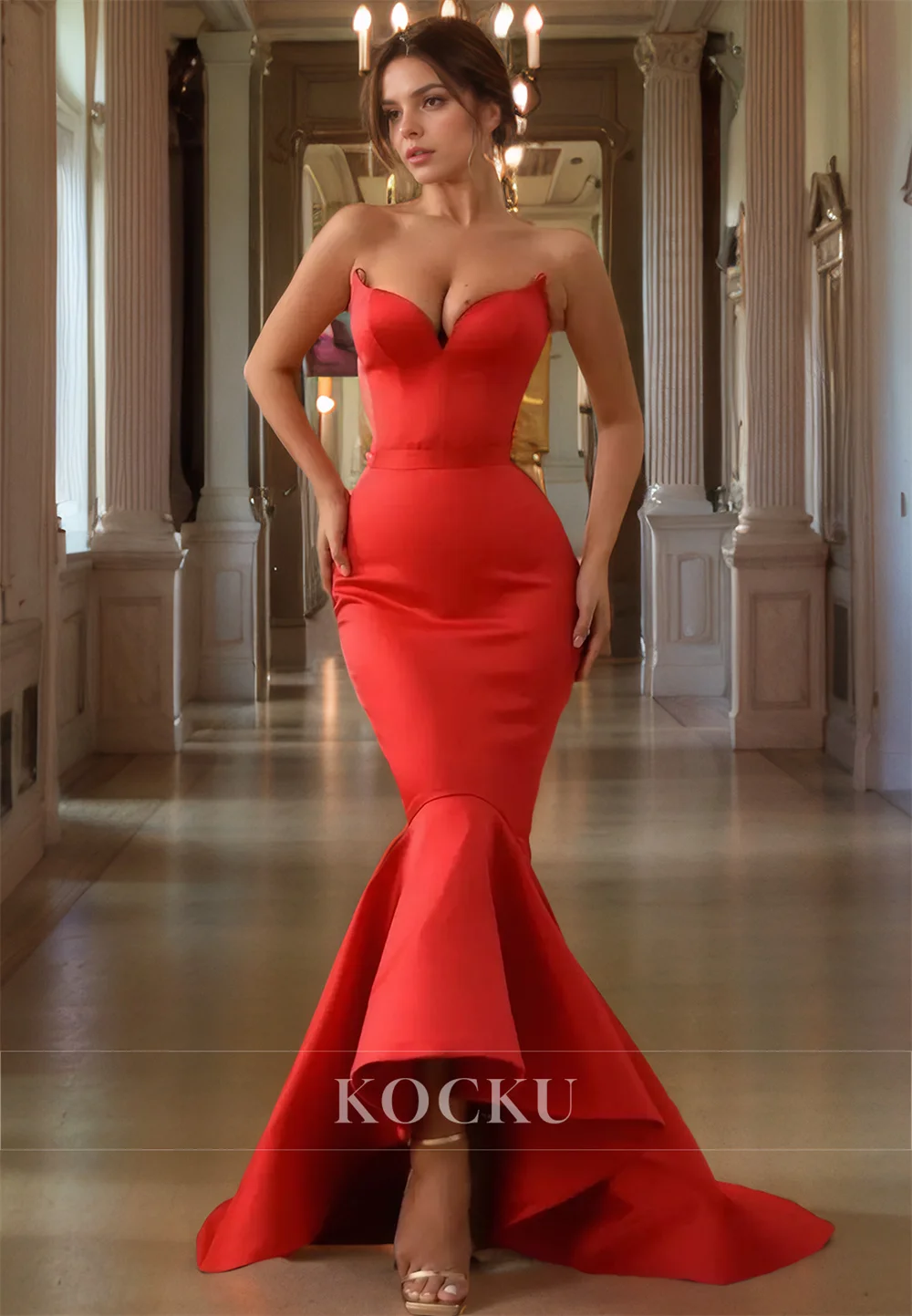 Amanda Red Mermaid Heart Shaped Neck Prom Dress Elegant Sleeveless فساتين مناسبة حسب الطلب  Long Tail Satin vestidos de festa