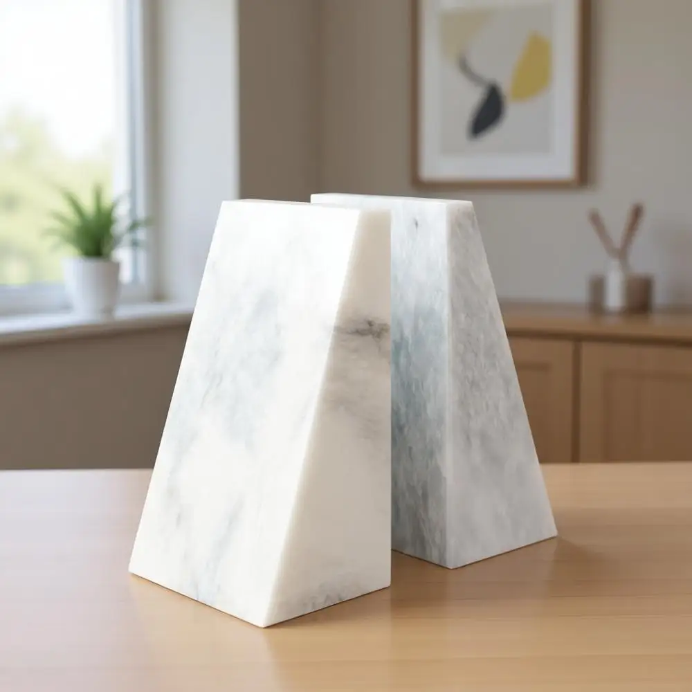 

Elegant White Marble Bookends, 6 Heavy Decorative Book Stops for Home, Office, or Kitchen Shelves