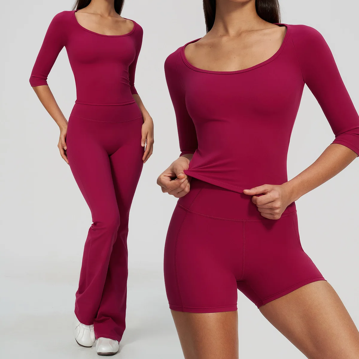 New Yoga Set 2PCS Sportswear Women Tracksuits Gym Clothes Workout Flared Pants Fitness Shorts Half Sleeve Crop Top Sports Suit