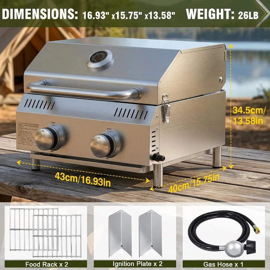 Tabletop Gas Grill, 20, 000 BTU Stainless Steel Portable Propane Grill, Removable Legs, Push-Button Ignition, Thermometer, for