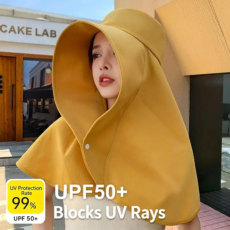 Women Sun Hat Full Face Sunscreen Large Hat Shawl Sun Hat UV Face Visor Foldable Fisherman Hat UPF50+ Integrated Women Shawl Hat