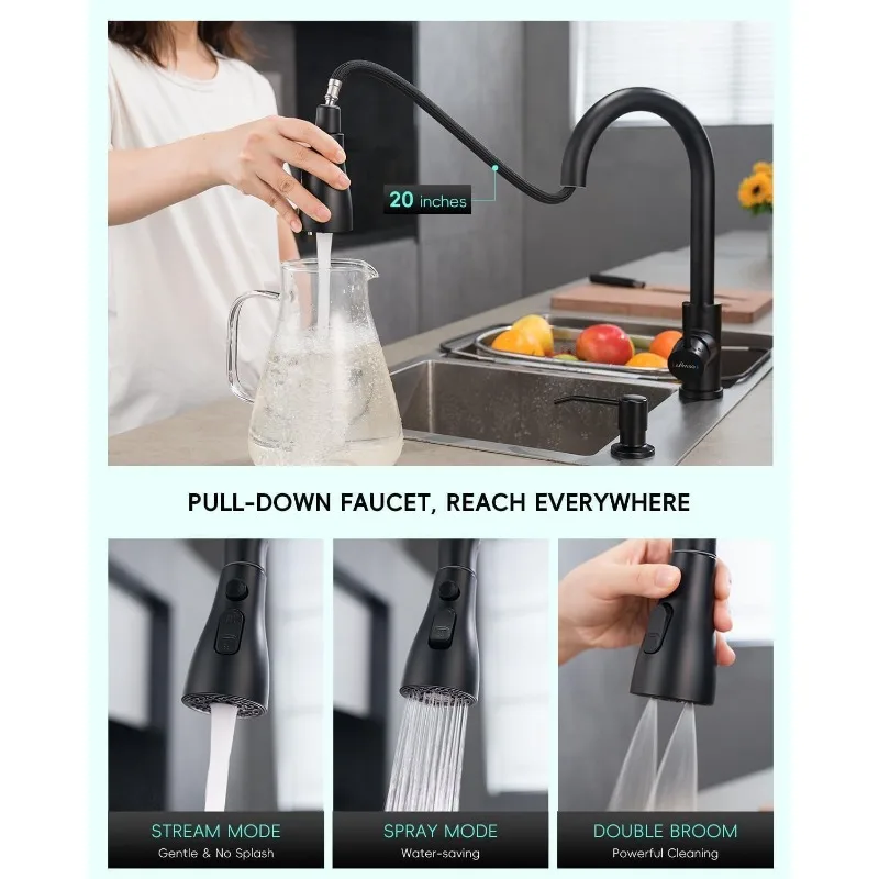 APPASO Black Touchless Kitchen Faucet with Pull-Down Sprayer, Black Matte Kitchen Sink Faucet Touchless with Soap Dispenser