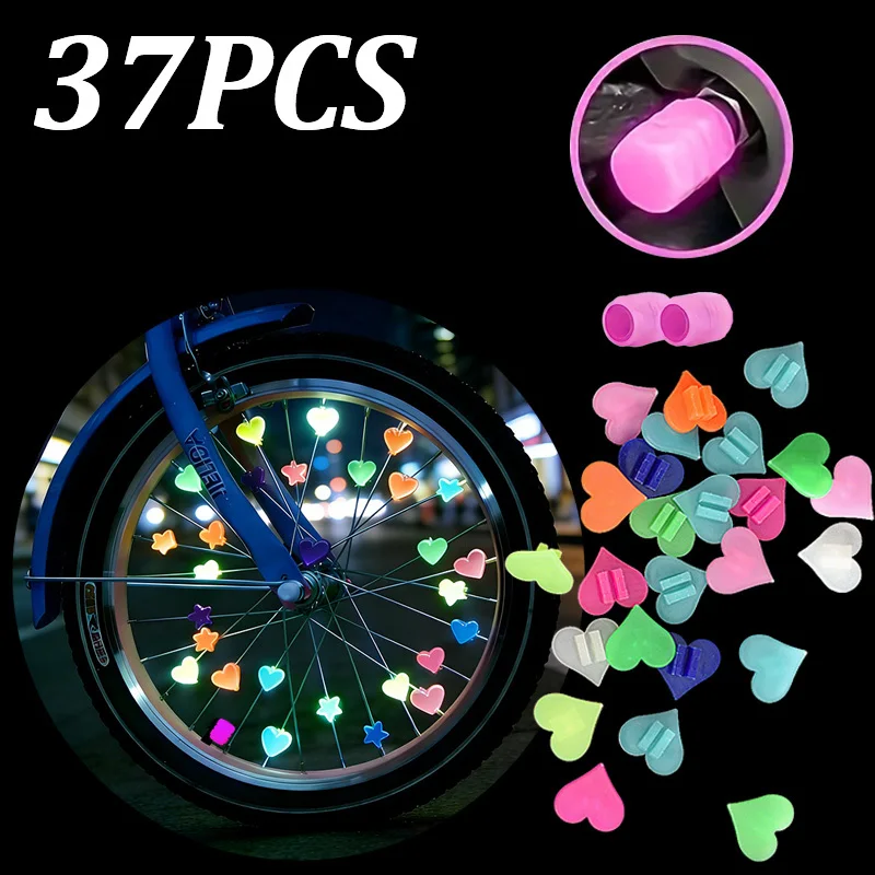 37pcs Glow-in-the-Dark Bike Spoke Decor Kit, Heart Beads & Valve Caps, Ideal Holiday Gift for Cyclists