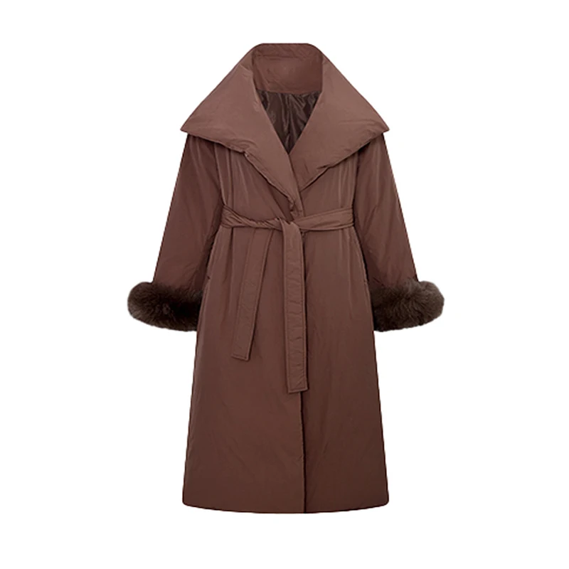 Winter Revers Wollen Mouwen Lange Parker Donsjack Vrouwen Witte Eendendons Lace Up Warm Donsjack Vrouwelijke Knielengte Outwears