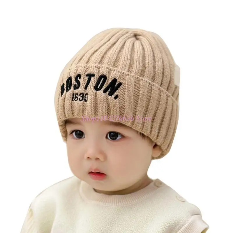 

R6FD милая детская теплая вязаная шапка с вышитыми буквами, шапка-бини, пуловер, однотонный капот, модные головные уборы для и