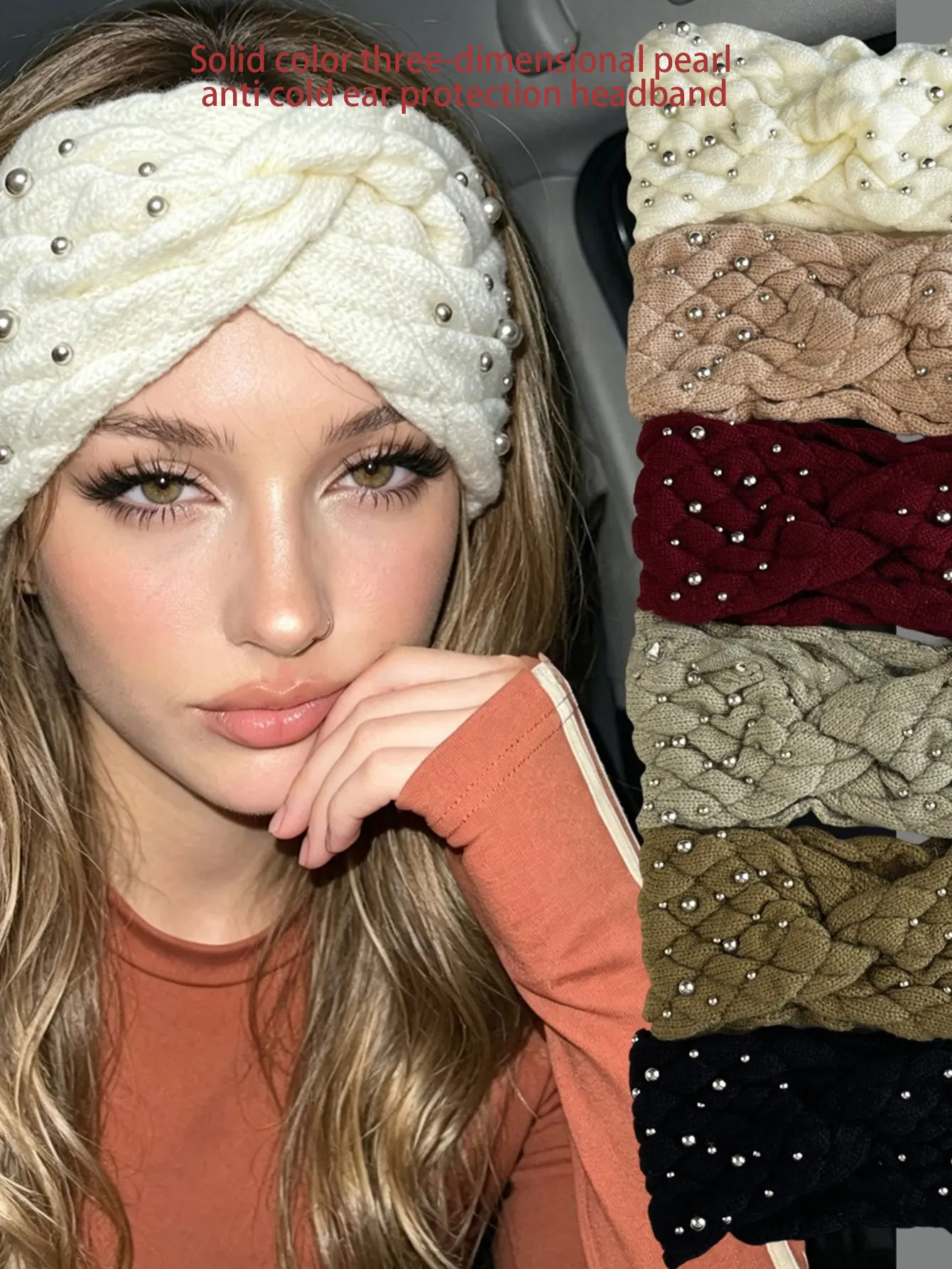 Fashion nail bead autumn and winter cold resistant warm knitted headband, ear protection headband, outdoor versatile