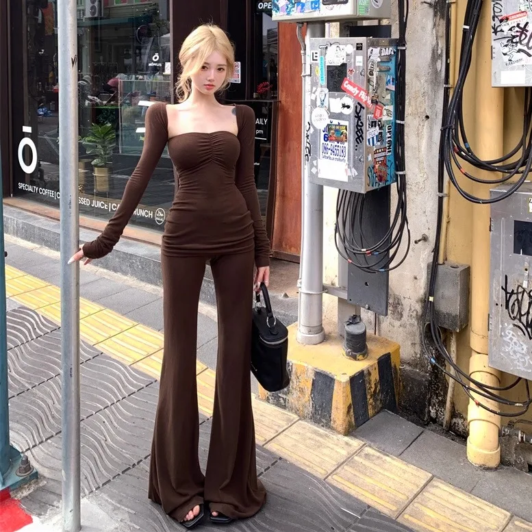 

Эластичные повседневные брюки с высокой талией, женские расклешенные брюки для йоги, утягивающие длинные леггинсы, комплект, осенняя модная женская одежда