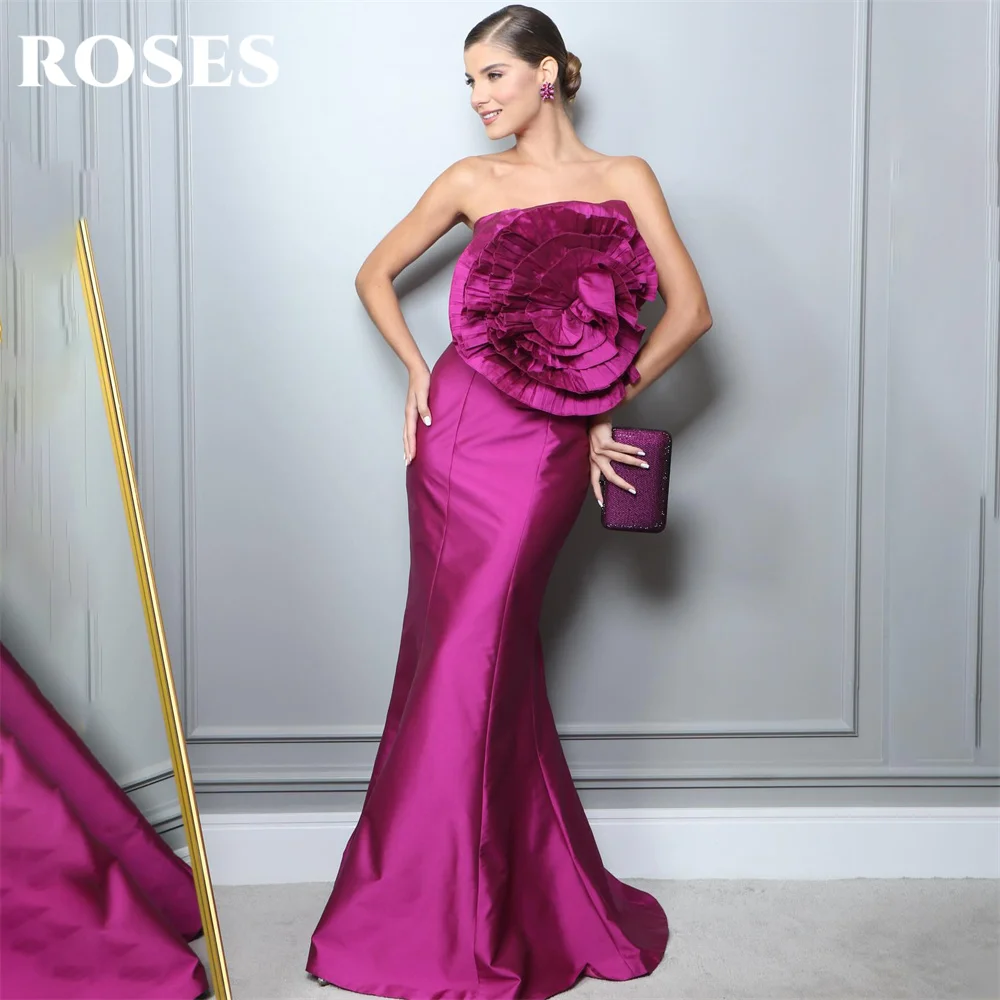 ROSES Plum Stain Prom Dresses Strapless 3D Flowers Party Dresses Sweep Train Women Evening Dress Sleeveless Mermaid robe soirée