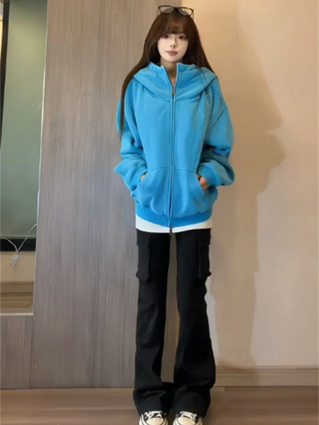 American Wash Blue Letter Embroidery High Collar Hoodie Women Early Autumn Loose Casual Versatile Open Cardigan Jacket