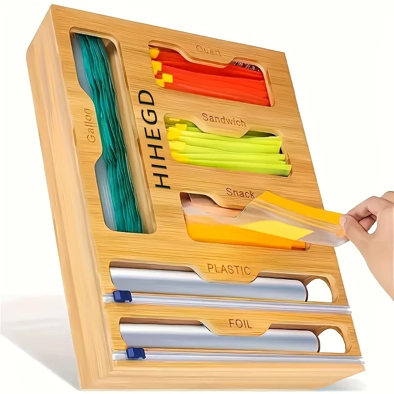 

1pc Bamboo Sealer Bag Organizer Box - Fresh-Keeping, Space-Saving, Adjustable Storage For Kitchen Drawer - Compatible With Gallon, Quart, Sandwich, Snack Variety Size Bags, Easy To Clean, Durable, Kitchen Accessories