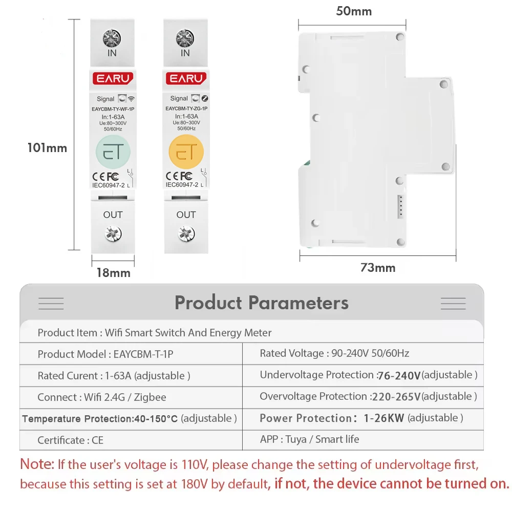 1P TUYA APP Zigbee WIFI Smart Energy Power Consumption kWh Meter Circuit Breaker Time Relay Switch Voltage Protection