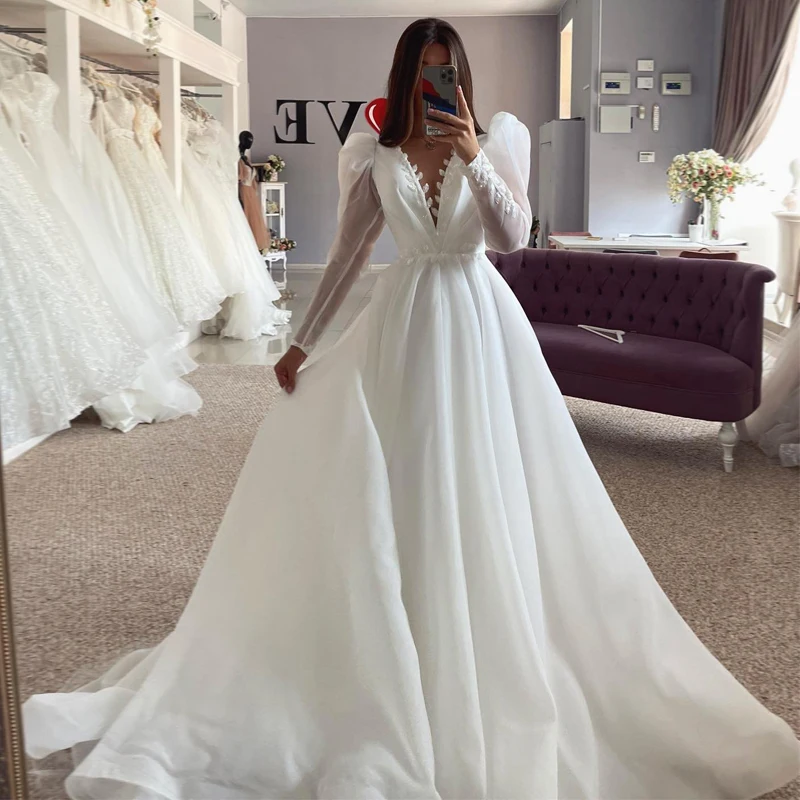 

Eightre Boho Beach Wedding Dresses Elegant Long Sleeve V-Neck Bride Dress A-Line Appliques Wedding Evening Prom Gowns Plus Size