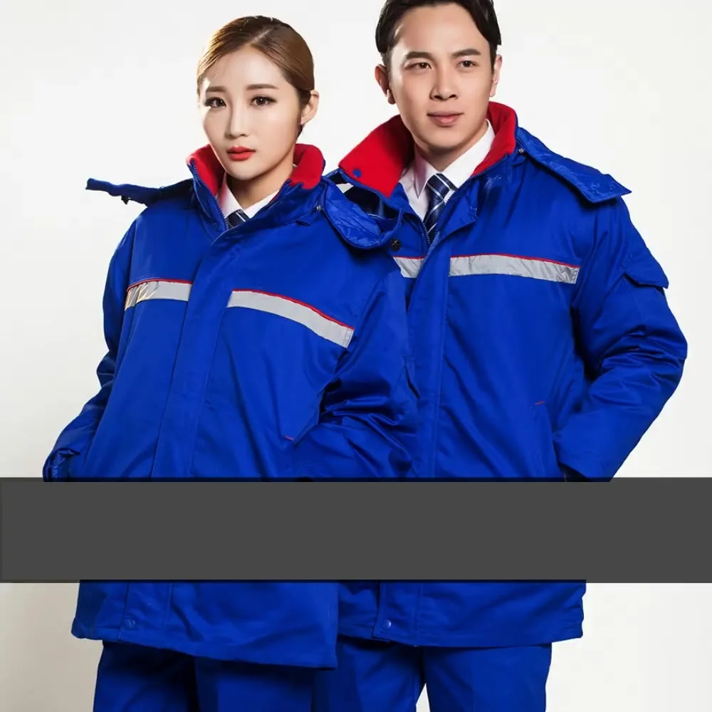 Winter Work Clothes Hi Vis Cotton Padded Thermal Hooded Jacket Trousers Warm Anti Static Gas Station Working Uniform Coveralls