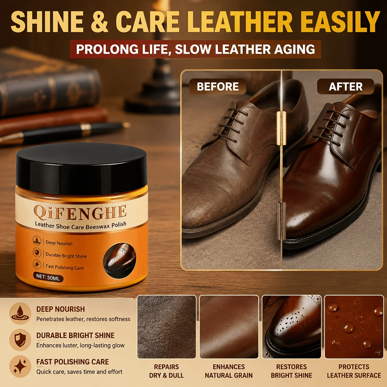 50G Leather Conditioner with Beeswax for Saddle Derby Oxford Shoes Loafers - Deep Nourish Durable Bright Shine Instant Gloss