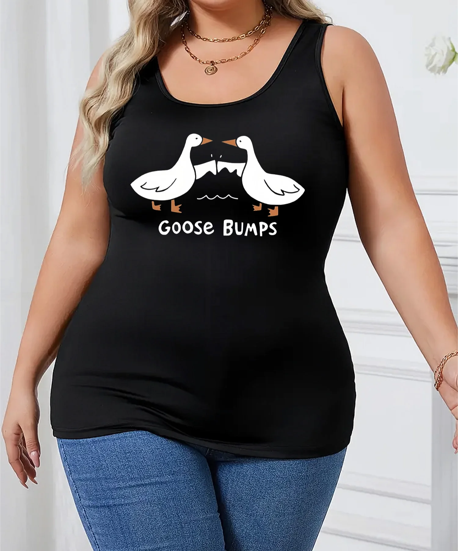 Summer Plus Size Women's Tank Tops Goose Print Loose Low Cut Tops Stylish Ladies Black Oversize Camisole Vest for Women