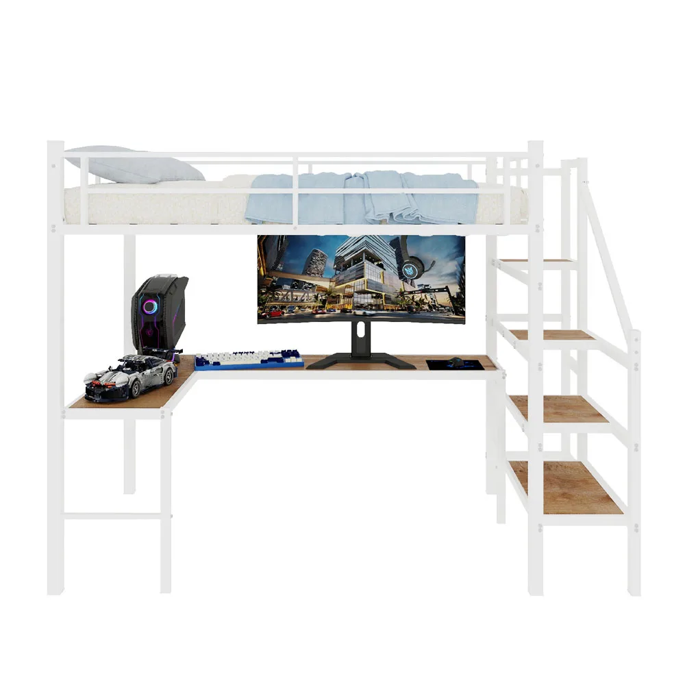 90x190cm Hohes Hochbettgestell mit L-förmigem Schreibtisch, platzsparendes Einzel-Hochbett mit Treppe, durchgehenden Sicherheitsgeländern, geräumigen Ablageflächen und Staufächern, stabiles Hochbett für Schlafzimmer, Teenager- und Erwachsenen-Schlafzimmermöbel – Detail 26