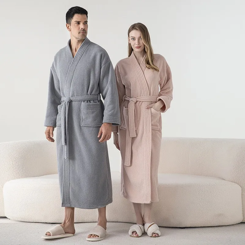 2024 Winter New Flannel Long Robe Women's Sexy Bathrobes Men's Warm Home Wear Solid Coral Fleece Sleepwear Couples Nightgown