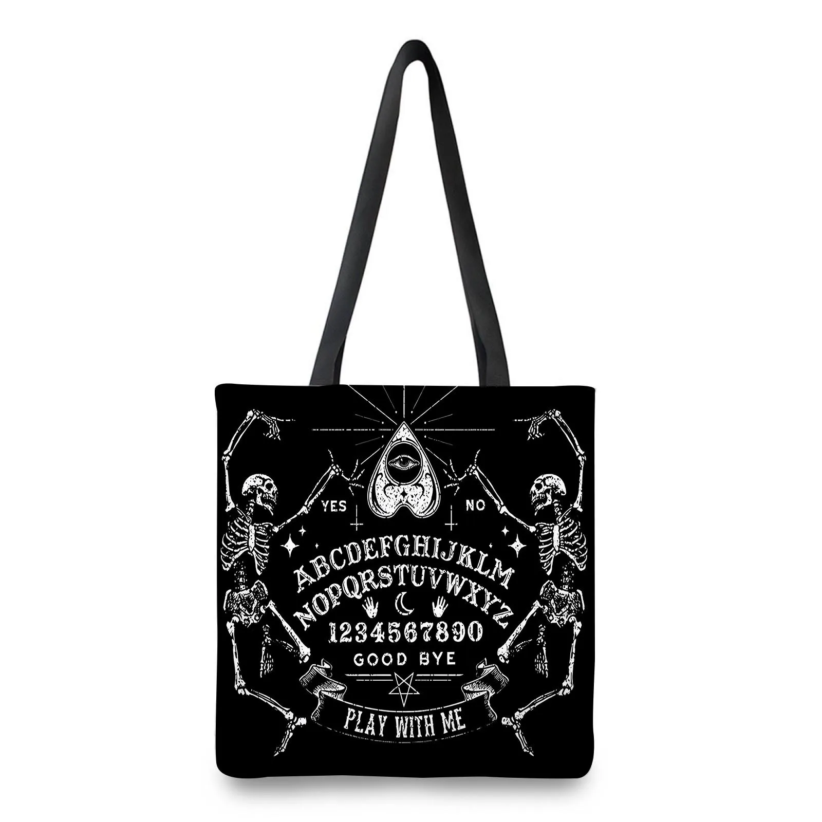 Humorvolle Halloween-Hippie-Gothic-Einkaufstasche mit gruseligen Totenköpfen und erschreckenden Skeletten, wiederverwendbare Einkaufstaschen, Reise-Umhängetasche – Detail 7