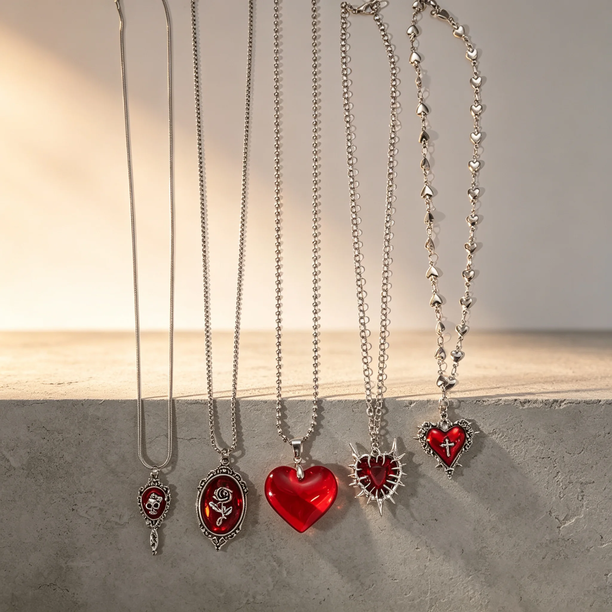 5-piece Gothic Red Cross Rose Skull Pendant Necklace Set Silver Multi Layered Heart Shaped Bead Chain Punk Stacked Necklace