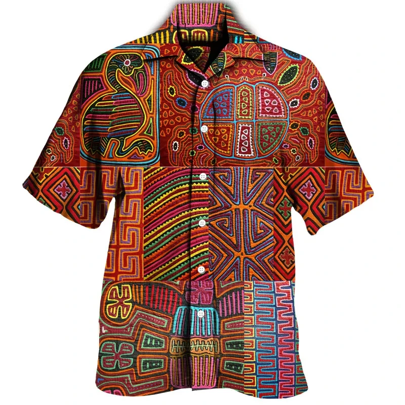 Bunte Böhmen Afrikanische Grafik Shirts Für Männer Kleidung Mode Herren Kurzarm Casual Y2k Revers Bluse Sommer Strand Tops