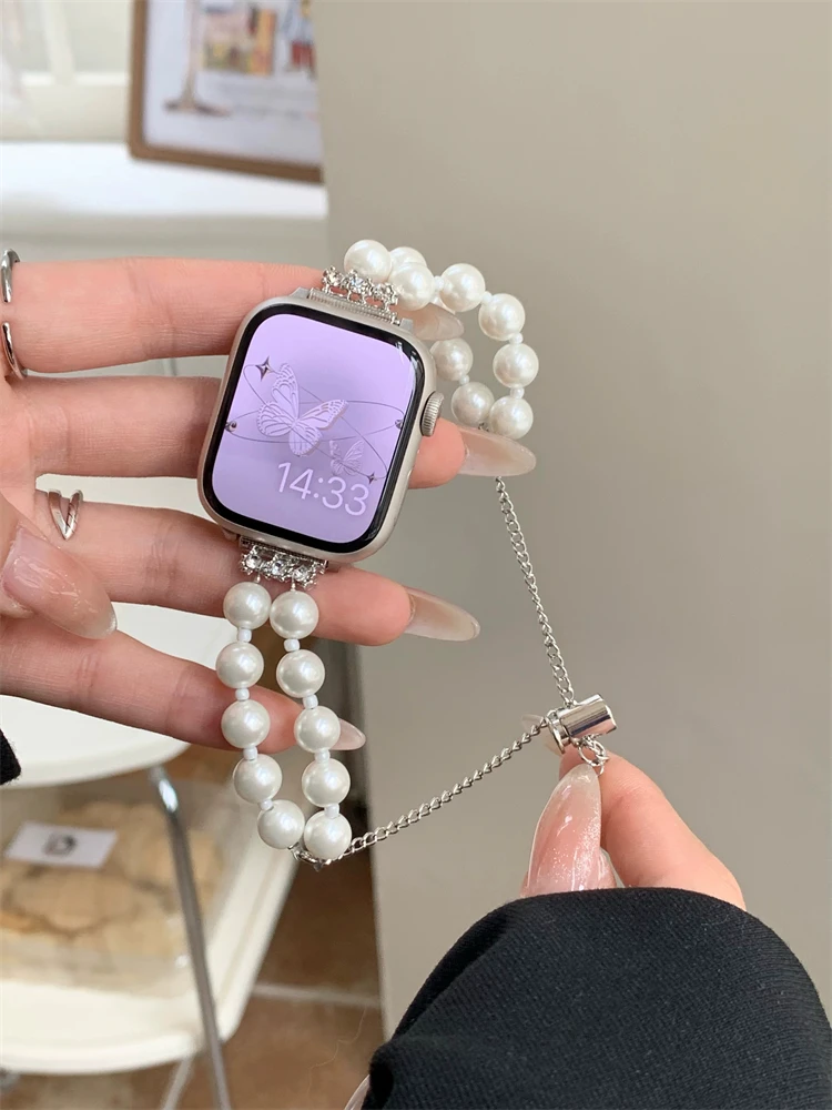 Luxury Diamand White Pearl Bracelet For iWatch Series 8 7 6 5 4 3 SE Women Slim Strap For Apple Watch 41mm 40mm 38mm 45 42 44 49