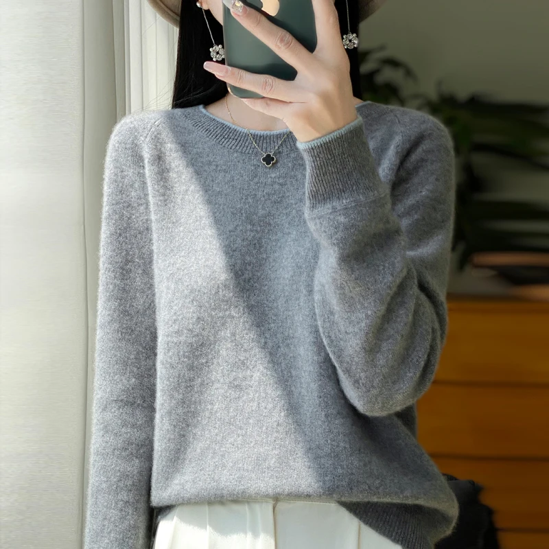 

LDZWSM Soft O-Neck Wool Sweater Women's Autumn/Winter New Pure Wool Knit Round Neck Sweater Korean Loose Pullover