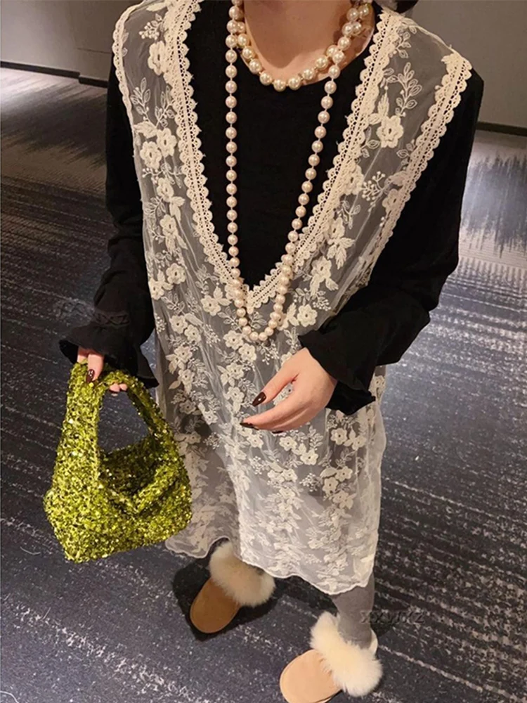 Spring Summer Lace Vest Dress Women's Mid-Length Mesh Dress Outerwear Skirt Cover up Korean Style V-Neck Commute Friendly