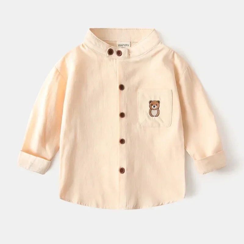 Camisa de manga larga con bordado de oso de dibujos animados para niños, camisas con cuello levantado para primavera y otoño, Tops, ropa informal para niños 2025