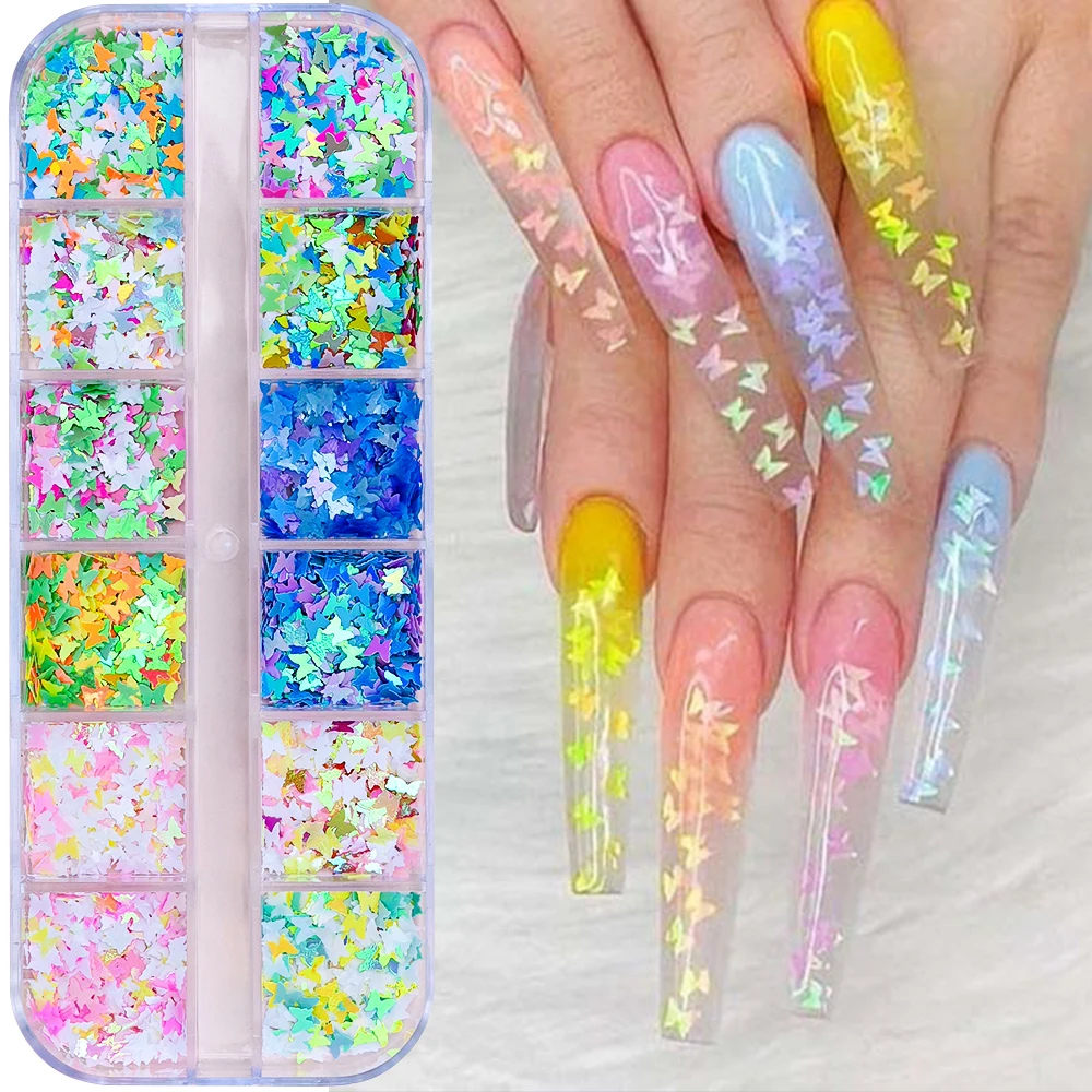 12Grids/Box Mixed Confetti Round Dot Paillette Nail Charms Butterfly & Round Shapes Y2K Flake Sequins Multicolor Nail Decoration