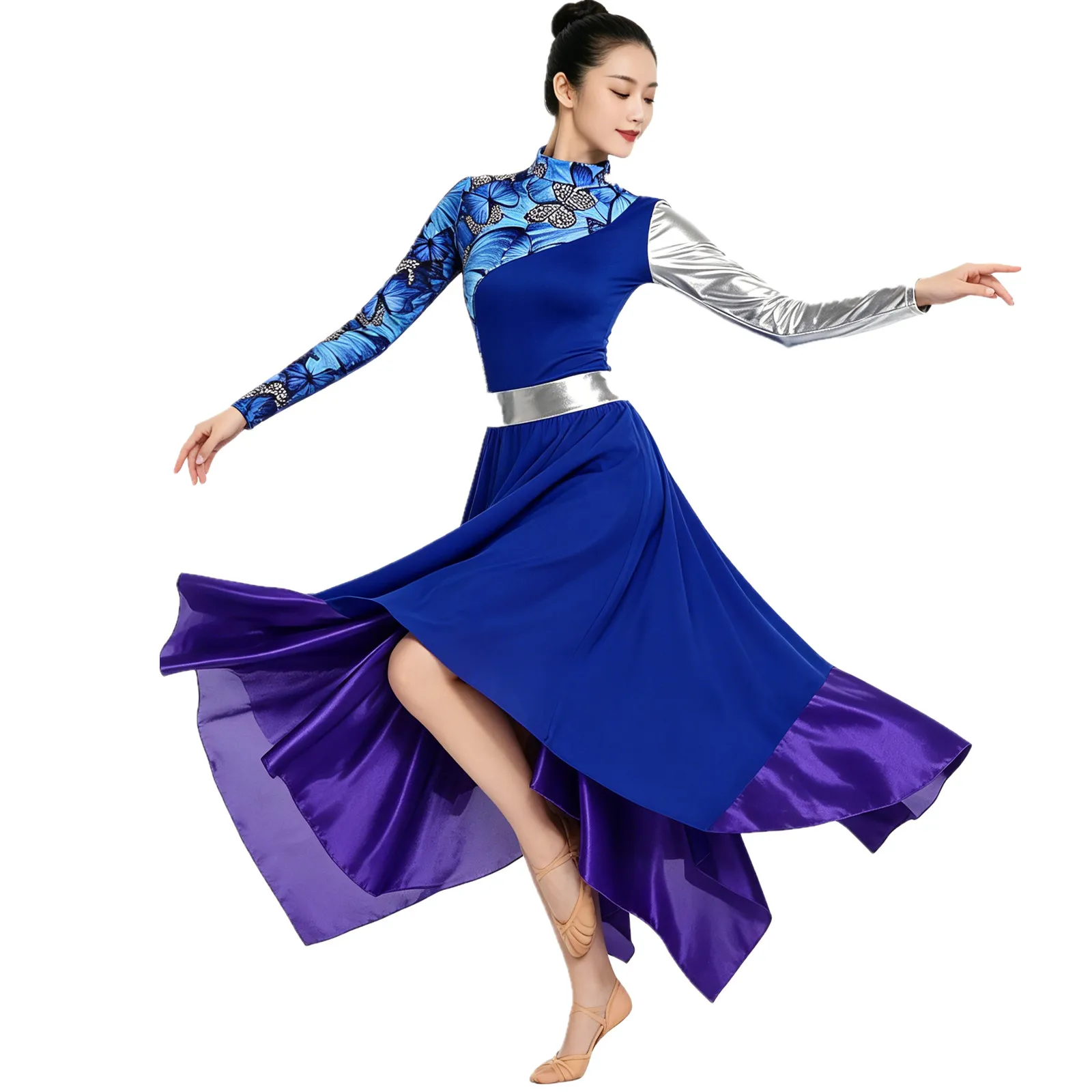 

Womens Metallic Glossy Ballet Lyrical Dance Dresses Long Sleeve Irregular Liturgical Praise Christian Choir Performance Costume