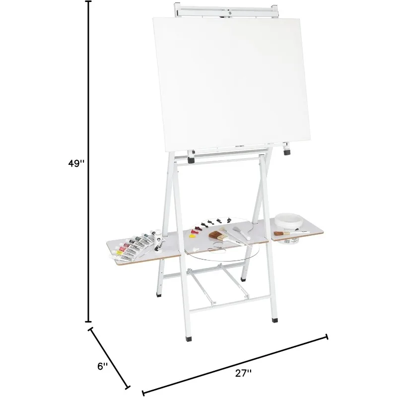2-in-1 스튜디오 이젤 - 금속 이젤 4개 다리 탁상용 이젤 - 흰색 페인팅 재료 보관을 위한 강력한 선반 포함