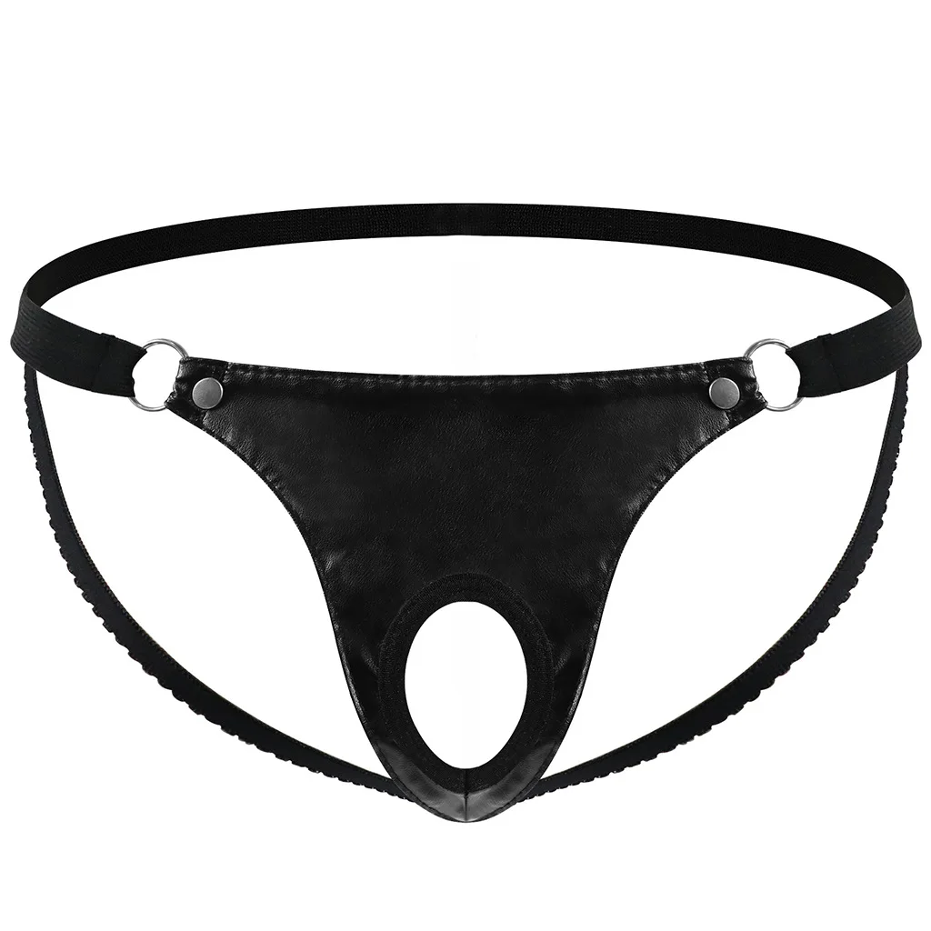Men's Faux Leather Open Crotch Thong, Low-Rise Elastic Strap Sexy G-String