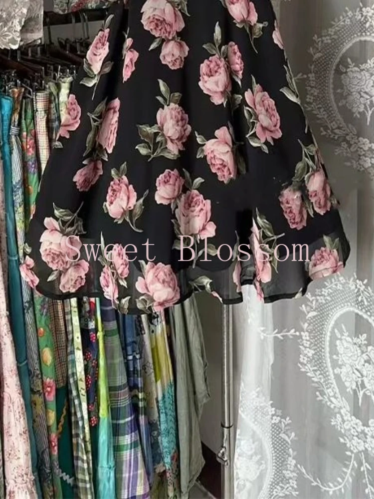 Summer Gothic Vintage Black Rose Floral Short Dress Women New Pure Desire Y2k Party Dresses Elegant Hot Chic Retro Outfit 2025