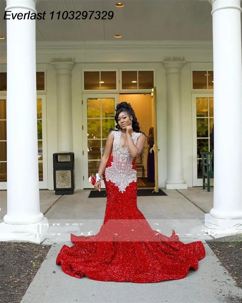 EVLAST Customized Red Sequins African Mermaid Prom Dress For Black Girls Beaded Crystal Birthday Party Gown Robe De Soiree TPD21