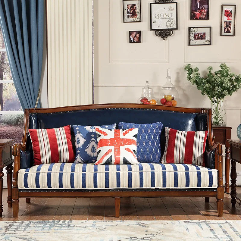 Divano rurale interamente in pelle di legno massello, divano in tessuto di pelle di piccole dimensioni per soggiorno per tre persone in pelle bovina di primo strato