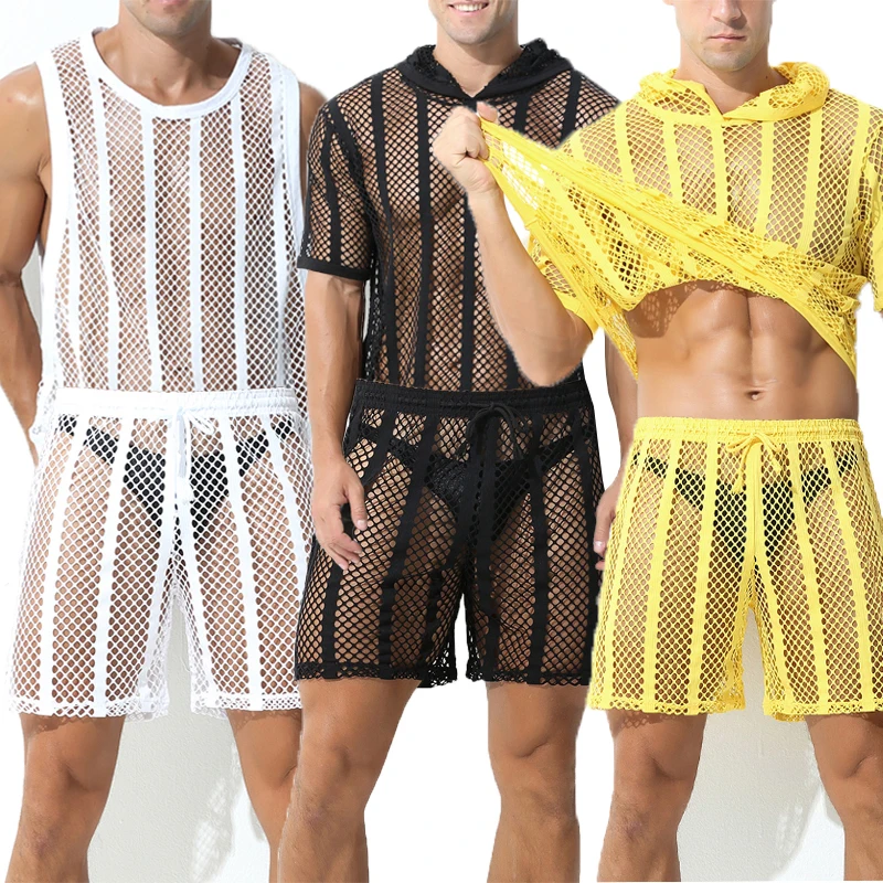 Sexy Men Mesh Undershirts Long Boxer Shorts Hooded T-shirts Trunks Shorts Sleeve Fishnet Hoodies Tank Tops Loungewear Tracksuits