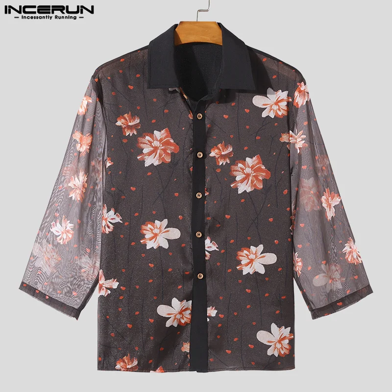 INCERUN Men Shirt Mesh Patchwork Flower Printing Lapel 3/4 Sleeve Men Clothing Streetwear Transparent Fashion Casual Male Shirt