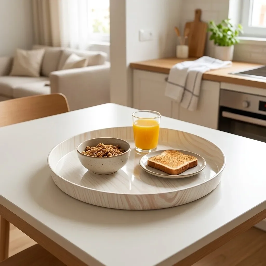 Round Wood Grain Decorative Serving Tray Food Tea Coffee Breakfast Trays Plastic Kitchen Organizer Storage Stackable Raised Edge