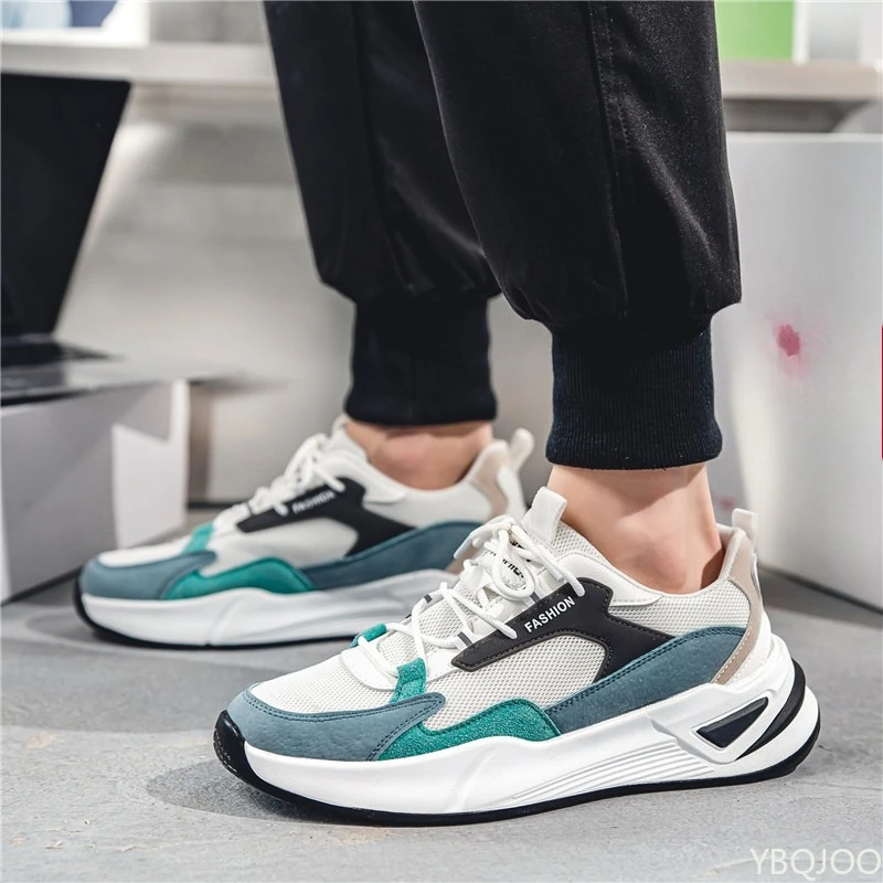 Sepatu pria serbaguna yang modis, sepatu kasual dengan blok warna, sepatu olahraga bersol tebal, sepatu kets pria yang ringan dan bernapas