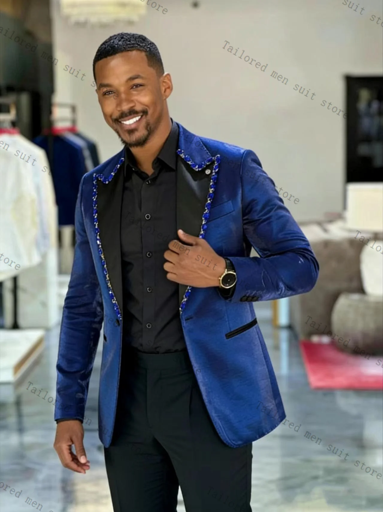 

Crystals Men Suits Pants Set 2 Pcs Blue Blazer+Cotton Trousers Groom Wedding Tuxedos Jacket Formal Office Business Coat Outfit