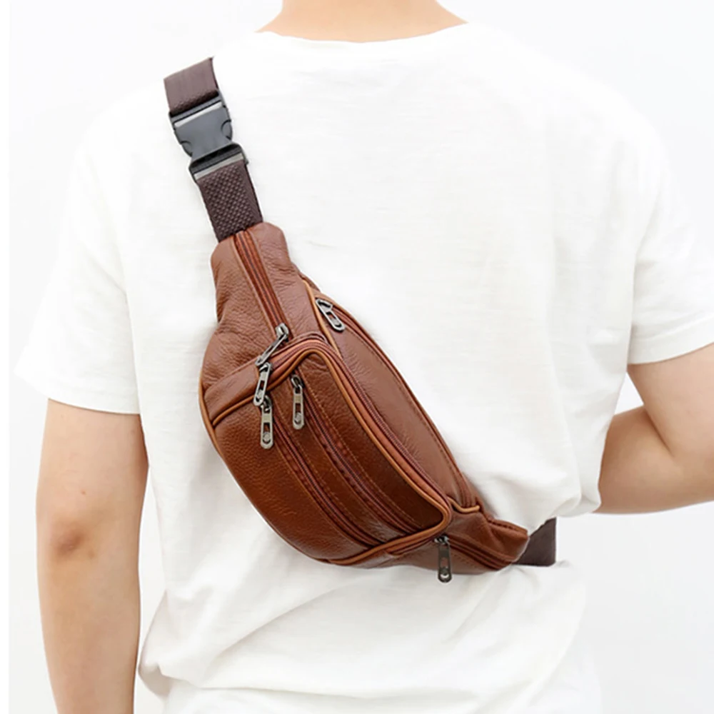 Solid Color Men's Waist Bag Multi-layered Adjustable Genuine Leather Chest Pouch Wear-resistant Large Capacity Hip Belt Bag