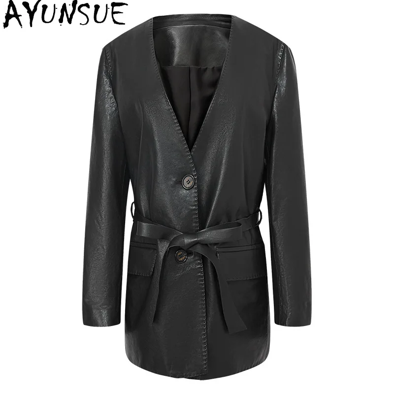AYUNSUE Natürliche Schaffell Echtes Leder Jacke Frauen Mode Schwarz Frauen Jacken Frühling Herbst Kleidung Gürtel Jaqueta Couro