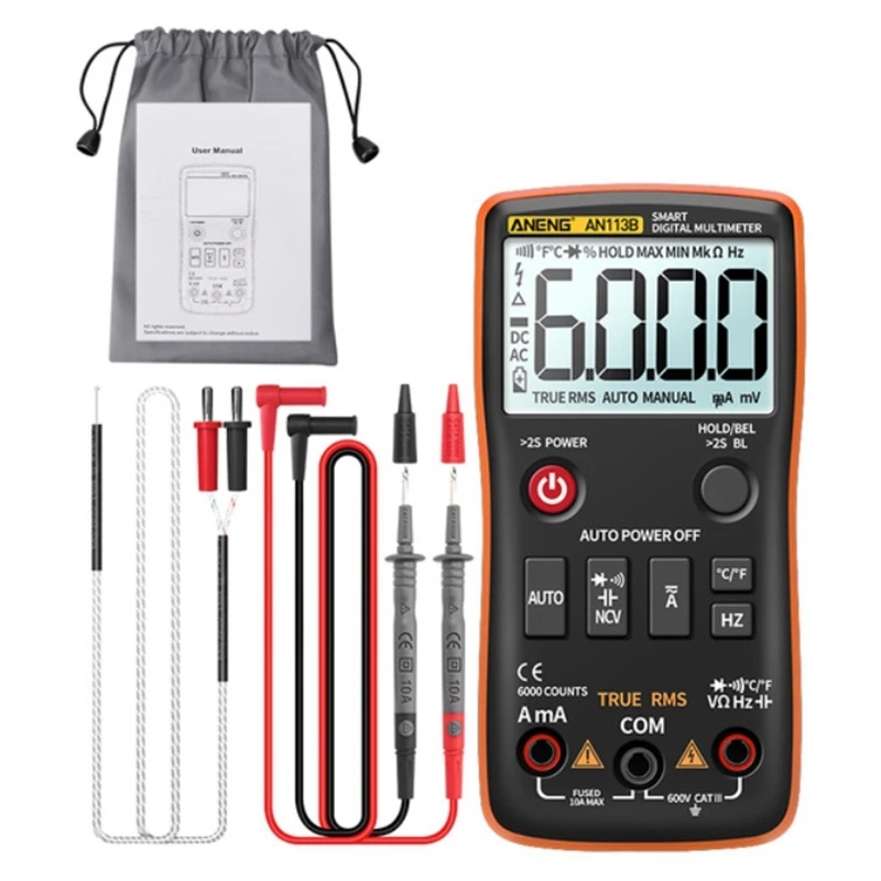 AN113B Digital Multimeter True RMS with Temperature Tester 6000 Counts Auto-Ranging AC/DC Transistor Voltage,D