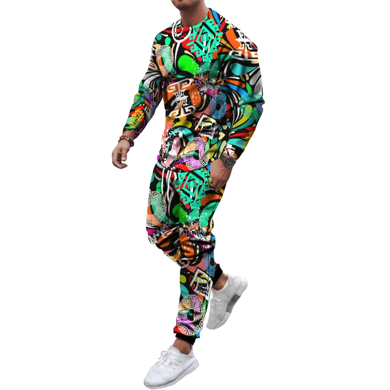 Fashion Color Graffiti 3D Print Men\'s Sportswear Set Long-Sleeved T Shirt Pants 2-Piece Set Oversized Pullover Men Clothing