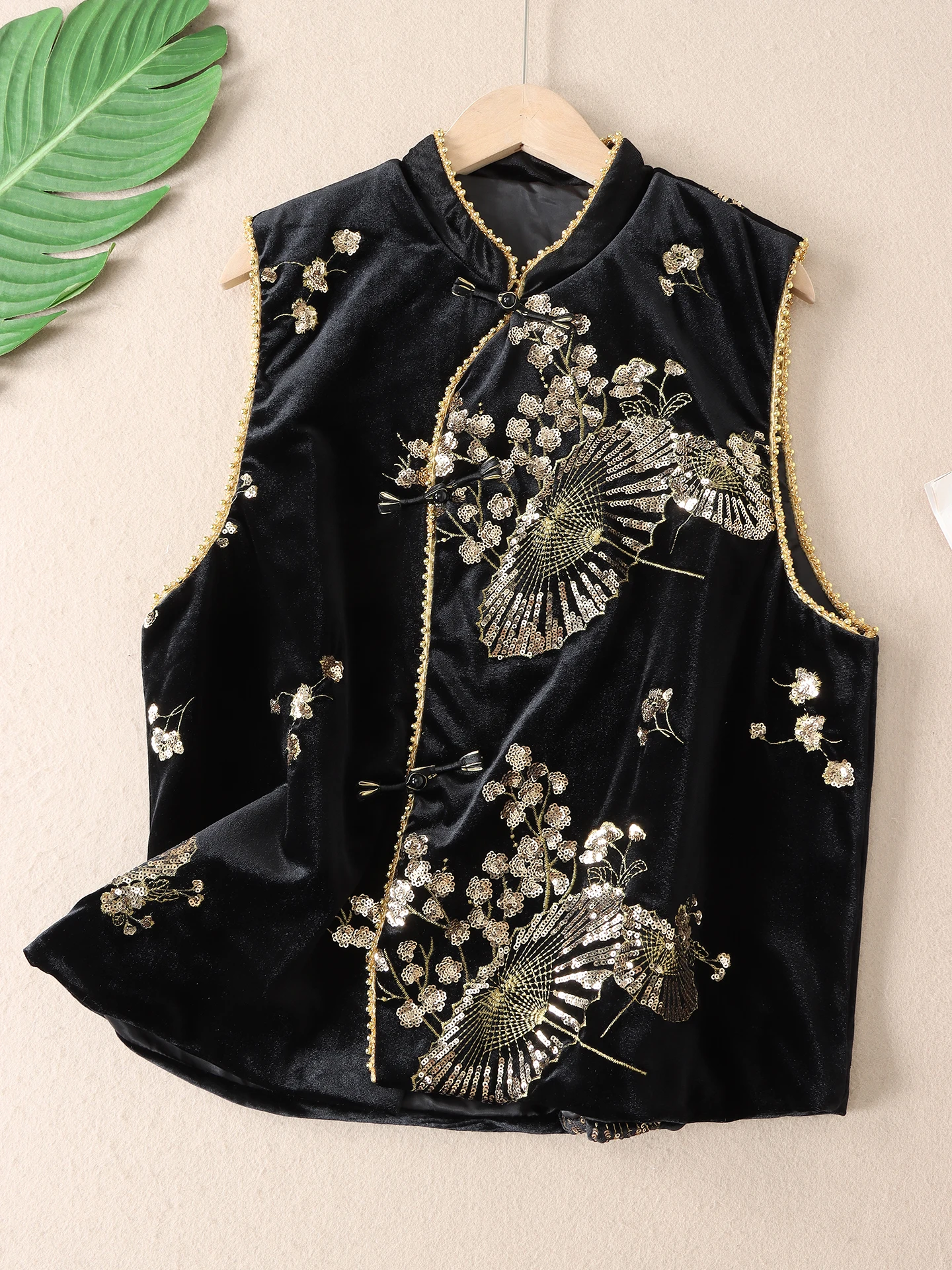 Elegante Chaqueta de Terciopelo con Lentejuelas y Cuentas Estilo Chino para Mujer, Cuello Alto, Botones Laterales, B235, Cort...