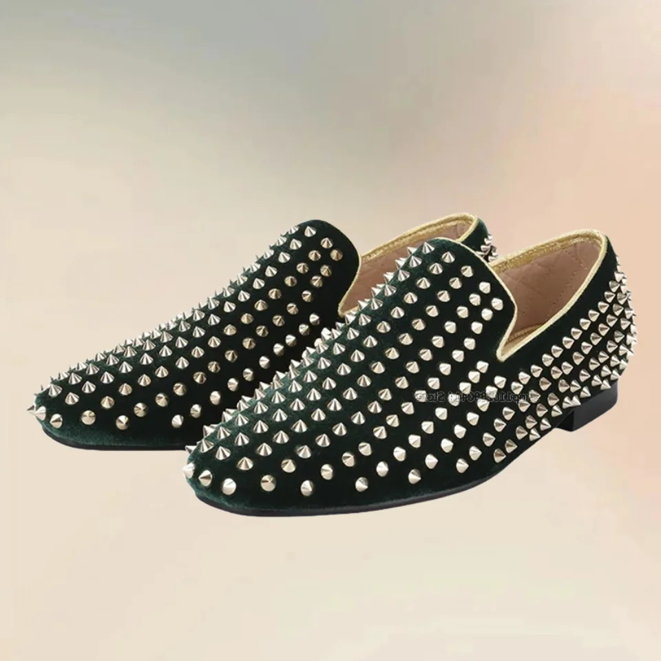 

Gold Spikes Decor Green Velvet Men Loafers Fashion Slip On Men Shoes Novel Comfortable Handmade Banquet Party Men Casual Shoes