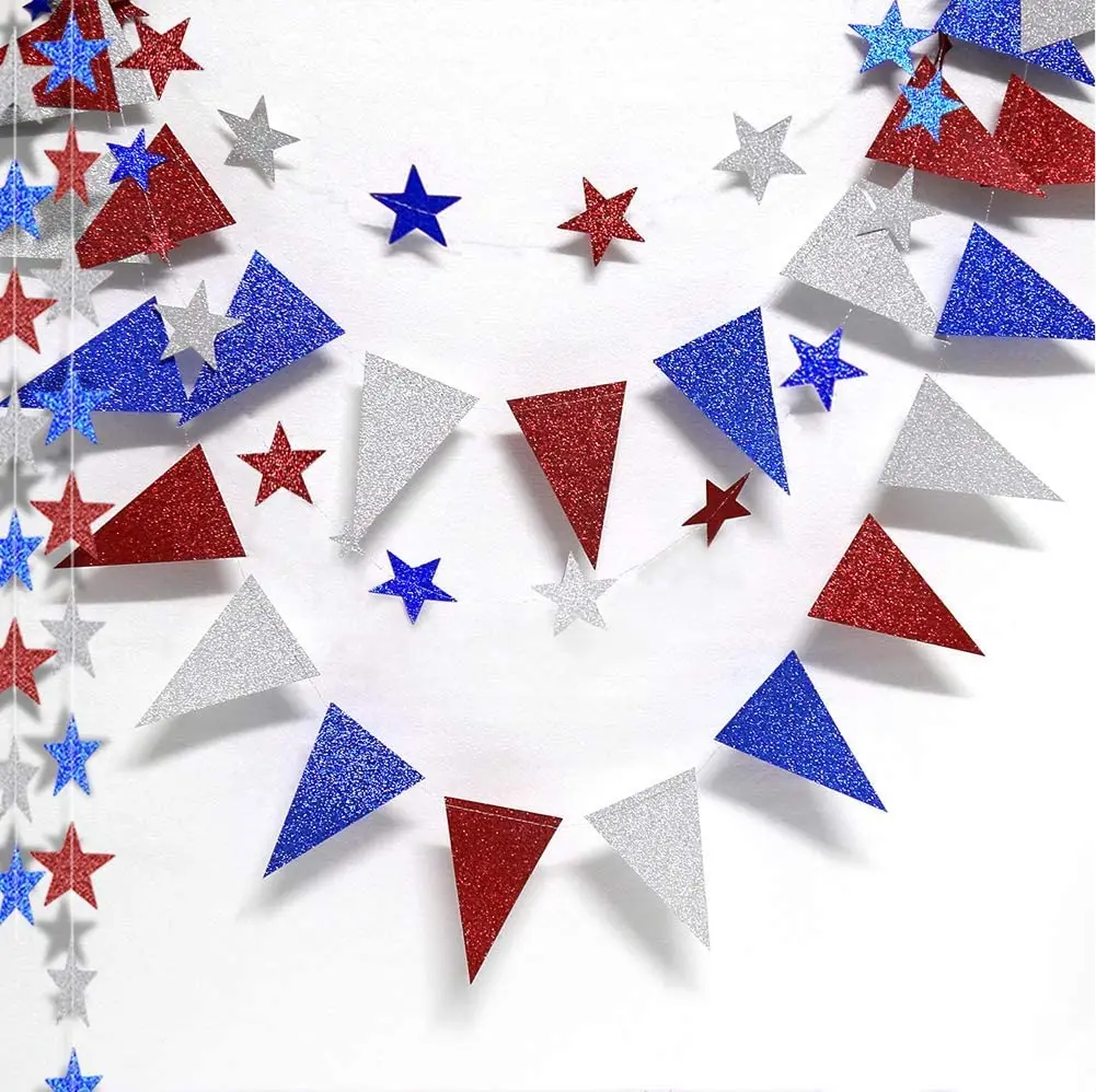 Wholesale Price 4th Fourth of July Glitter Red Blue Silver White Star Triangle Garland Banner