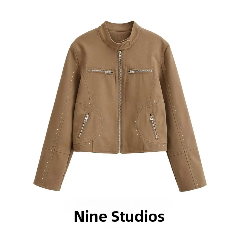 

NINE ZAR Women's Loose Fit Jacket with Rivet Zipper Detail Stand Collar Short Outerwear Top Polyester Fiber Long Sleeve