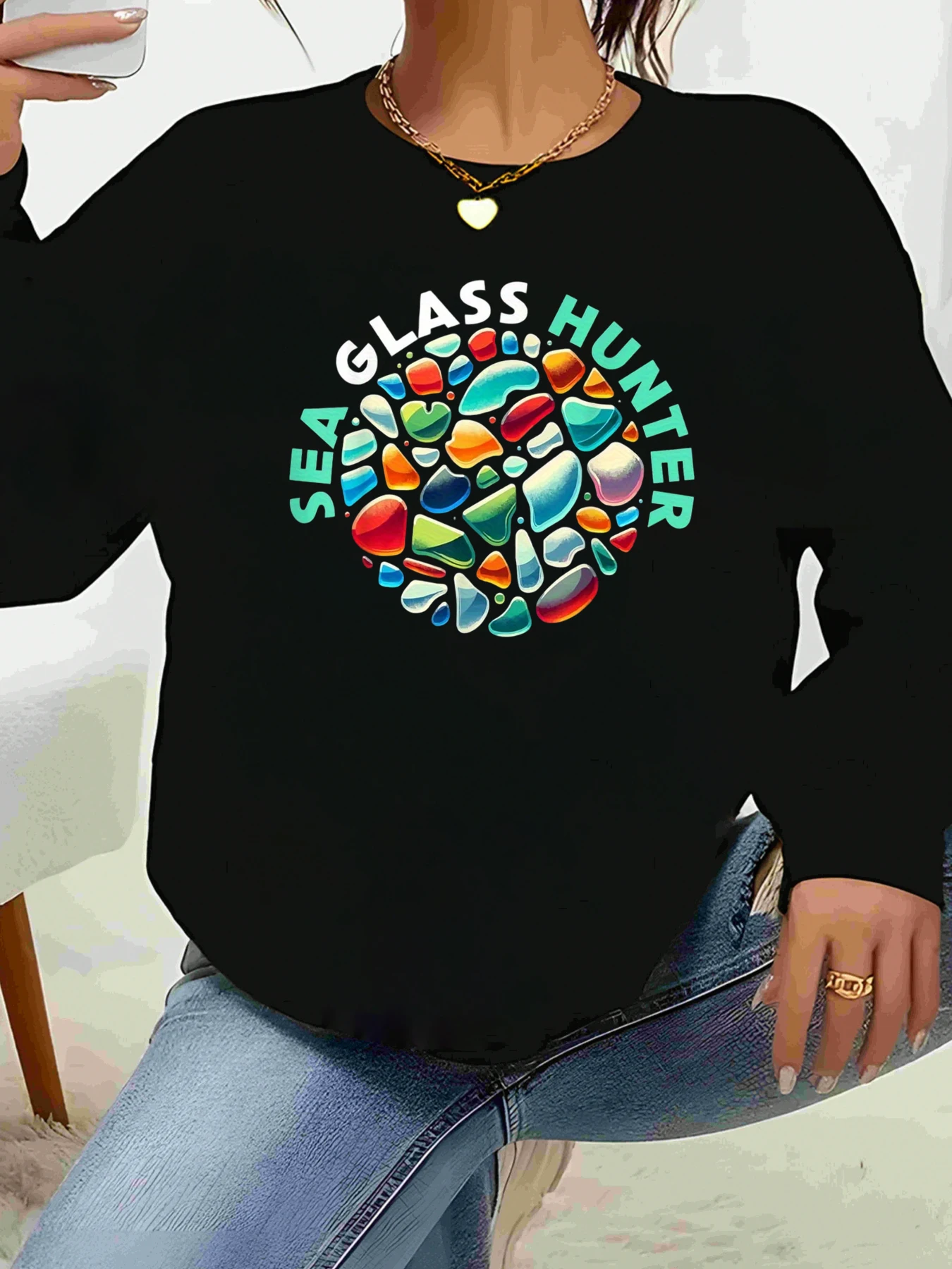 

Морской стеклянный охотник, красочный топ с длинными рукавами и принтом сердца, повседневная одежда для женщин, пляжная прогулка